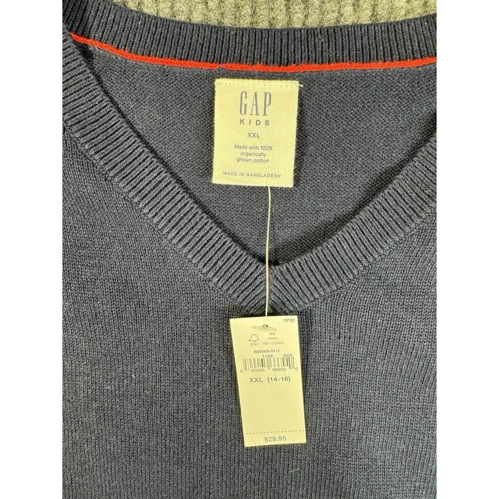 Gap Kids Boys XXL‎ Blue V-Neck Pullover Sweater 100% Cotton Classic Knit